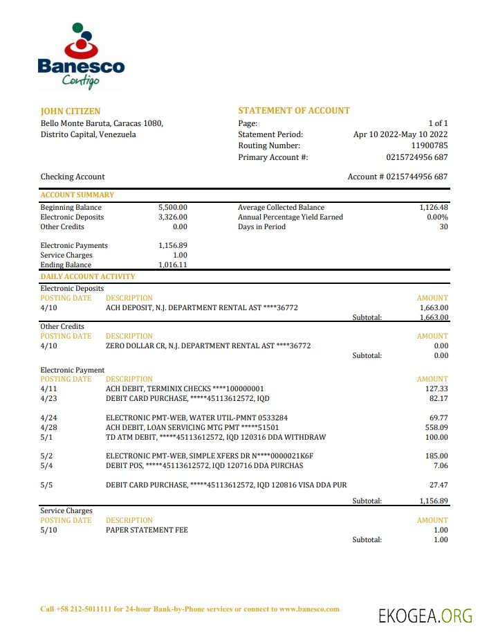 Relevé bancaire Venezuela Banesco